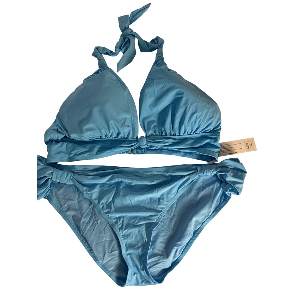 Stylish Swimwear Light Blue Ruched Halter Bikini Set Plus Size 3XL New With Tags